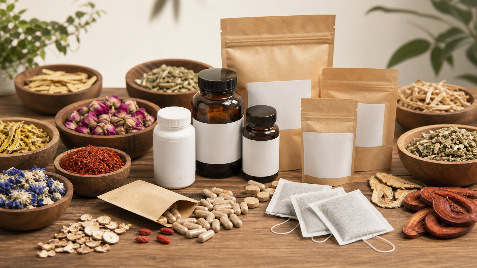 Private label herbal product packaging with capsules, tea bags, bottles and pouches