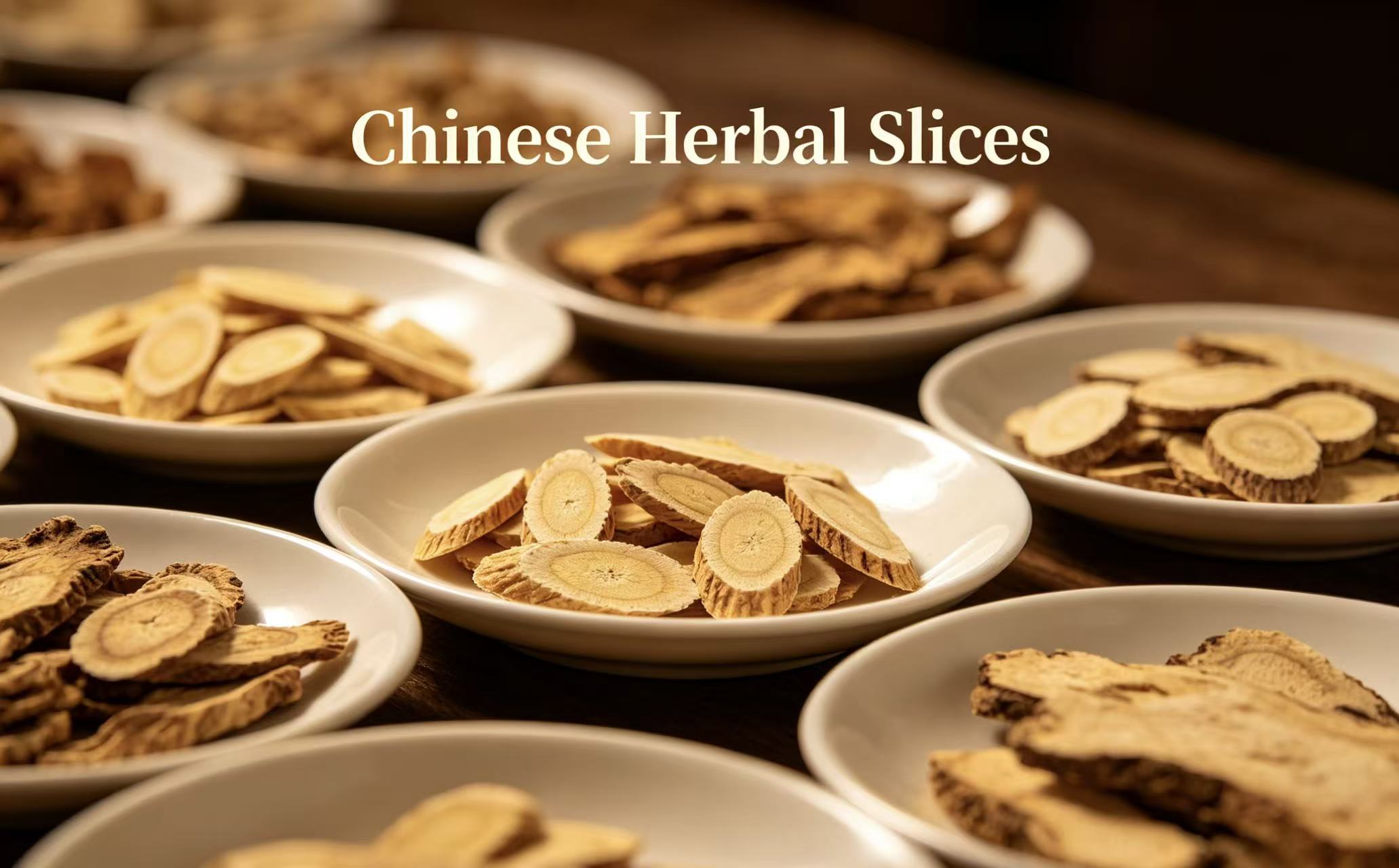 Chinese herbal slices displayed in bowls for B2B sourcing