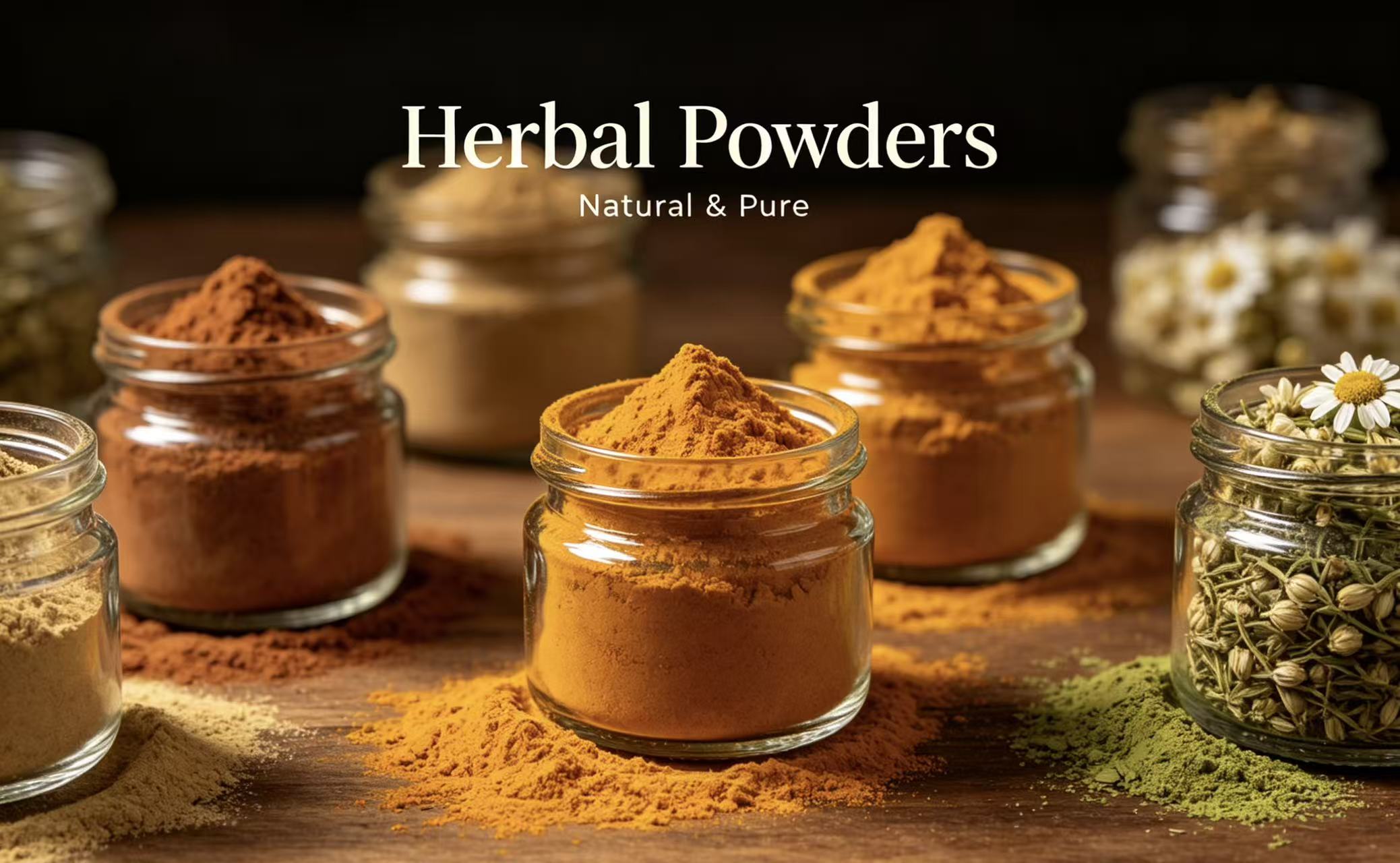 Natural herbal powders in jars for B2B product development